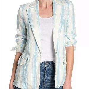 FRAME Denim !00% linen oversized blue white stripe blazer size 6